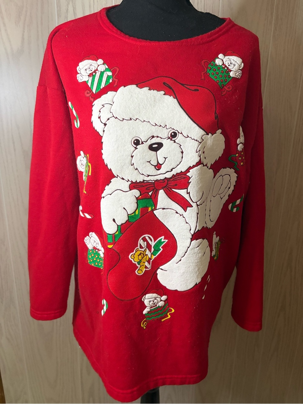 Vintage Ugly Christmas Sweater Red Teddy Bear Holiday Sweatshirt 1X 90’s